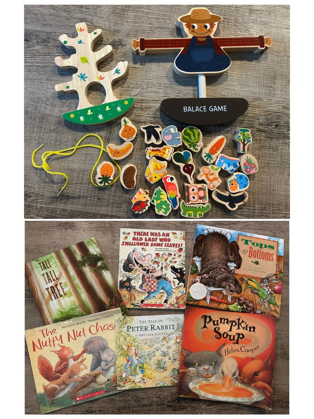Fall/Tree themed Wooden Balance Games and children’s books